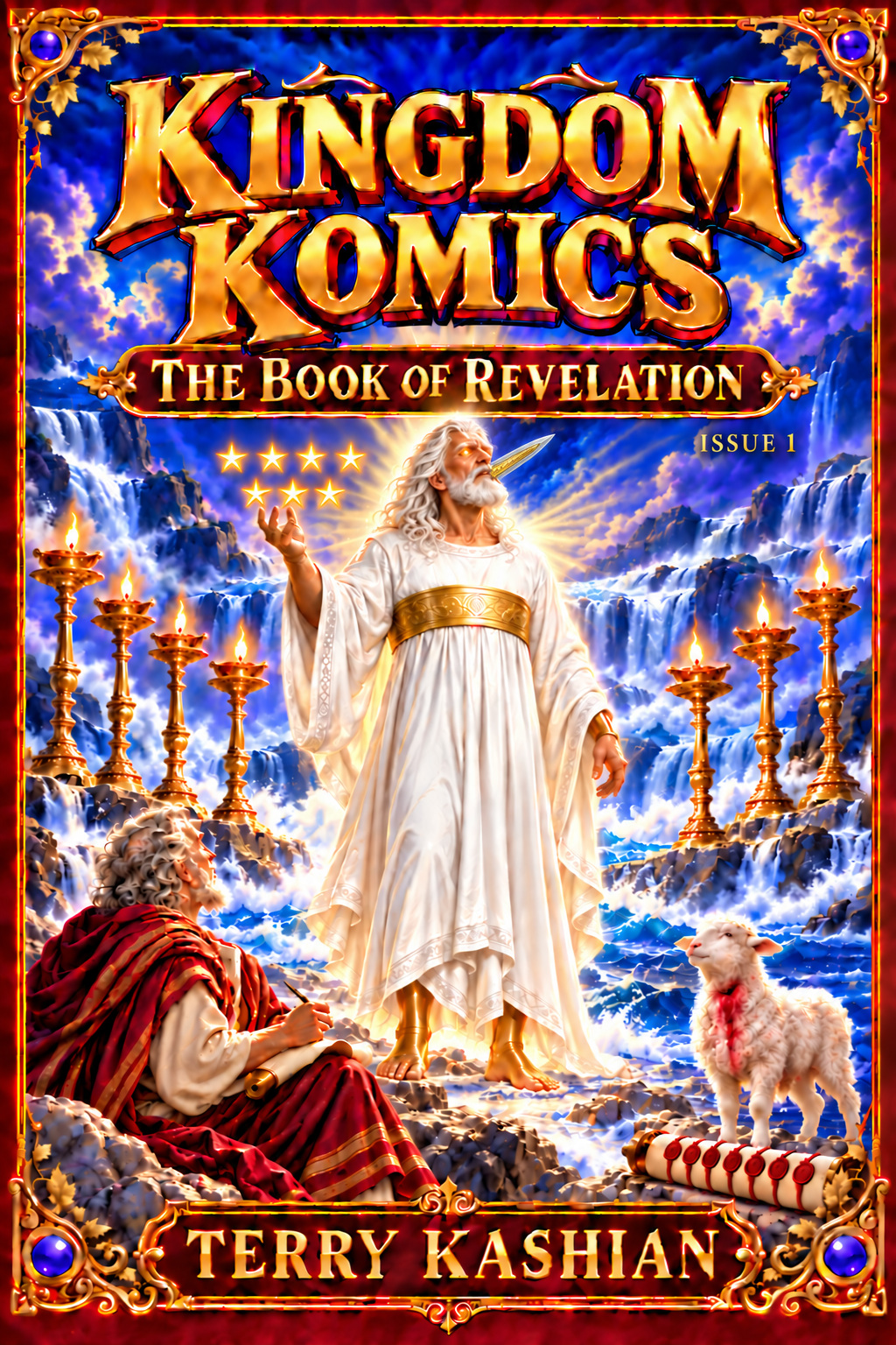 Kingdom Komics: The Book of Revelation, Issue 1, by Terry Kashian. Cover showing the Son of Man, seven stars, seven lampstands, John, and the standing Lamb.