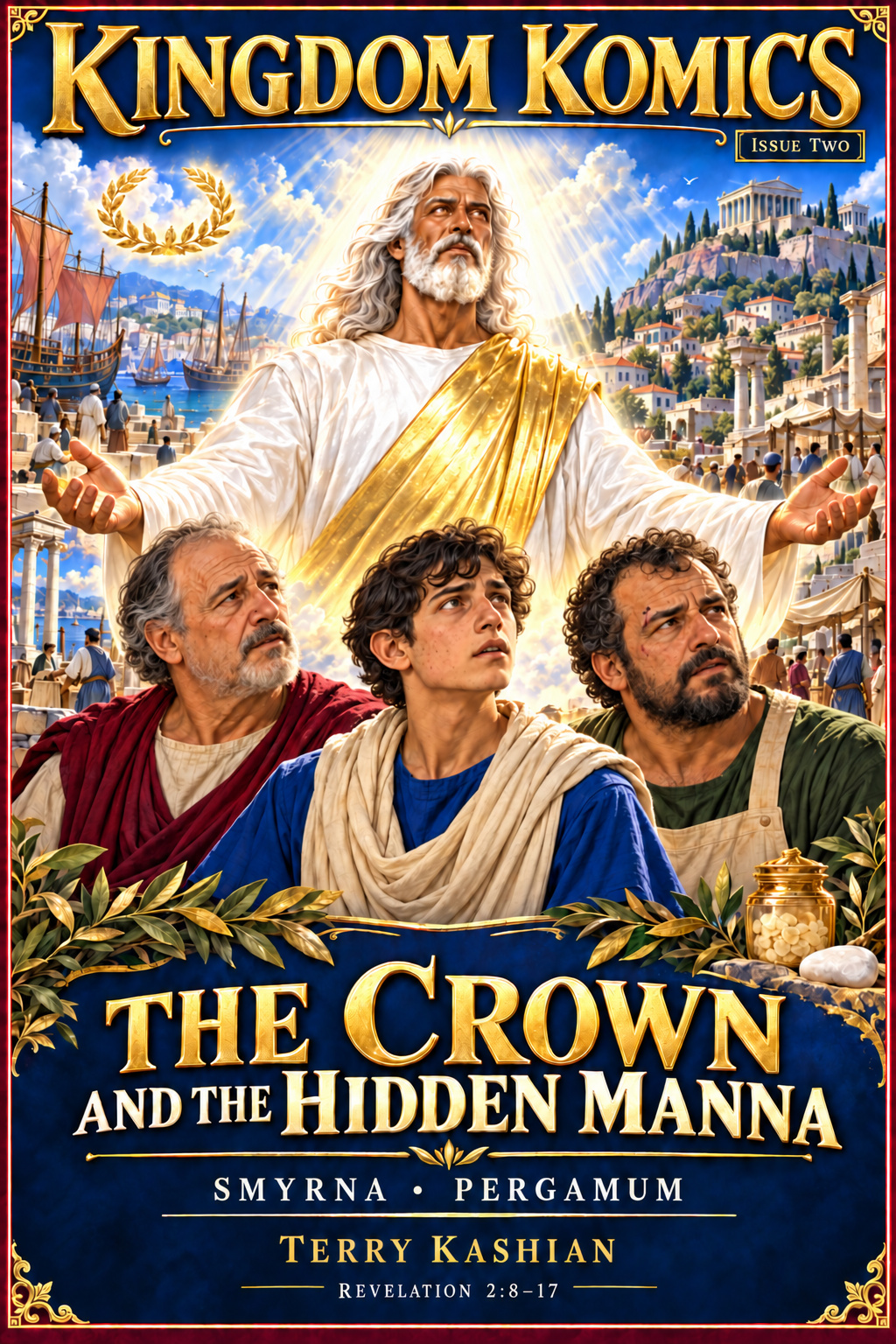 Kingdom Komics Issue Two: The Crown and the Hidden Manna, by Terry Kashian. Christ stands above the people of Smyrna and Pergamum, with a crown and a golden jar of manna.