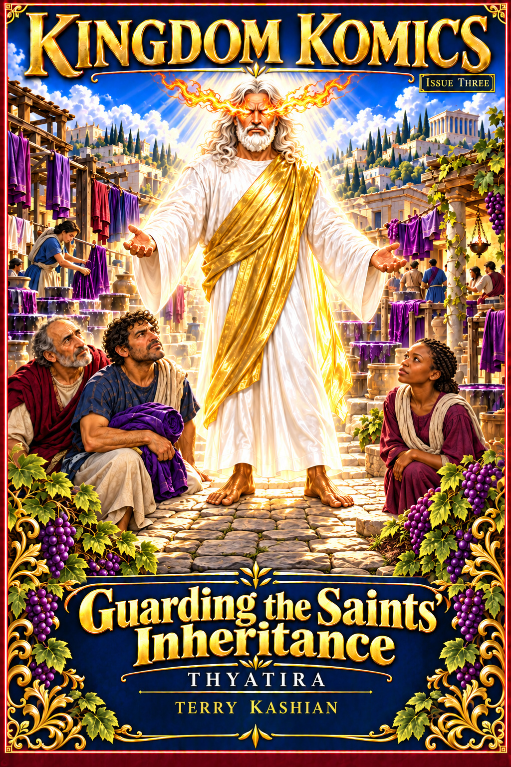 Kingdom Komics Issue Three: Thyatira — Guarding the Saints’ Inheritance, by Terry Kashian. Christ stands among the people and purple cloth of Thyatira, surrounded by a gold and grapevine border.